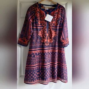 Nwt- Gretchen Scott Embroidered Patchwork Swing Dress "Henna Heaven" print Sm